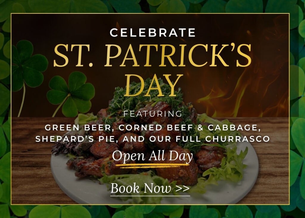 St. Patrick’s Day event ad with shamrocks, grilled food, and festive text promoting an all-day celebration.